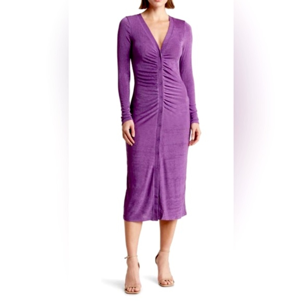 Area Stars Long Sleeve Ruched Button Front Dress ✨ Purple Size S